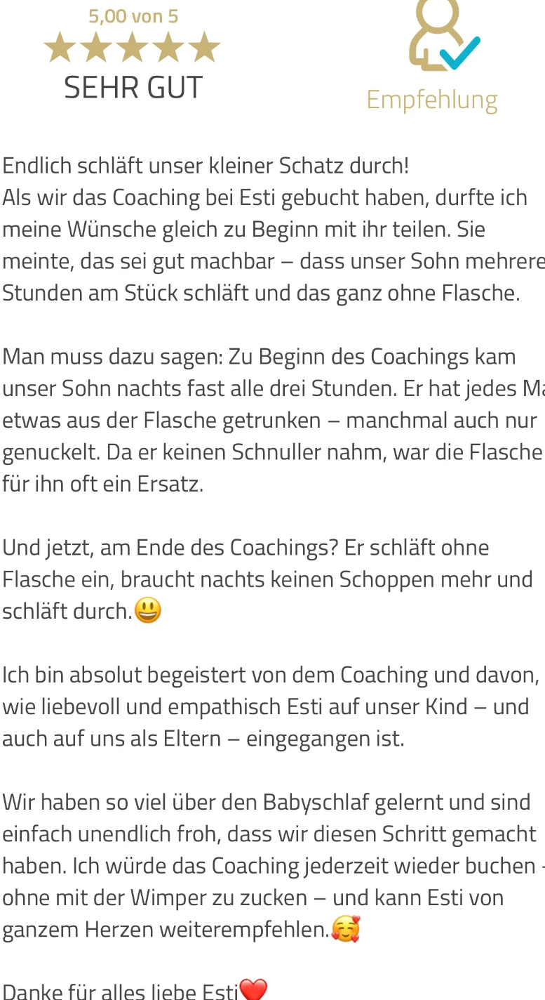 ProvenExpert-Bewertung mit fünf Sternen: Wir haben so viel über den Babyschlaf gelernt und würden das Coaching jederzeit wieder buchen.